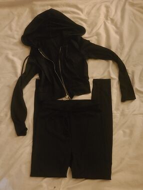 Shein Black Ribbed Hooded Crop Jacket & Pants Set